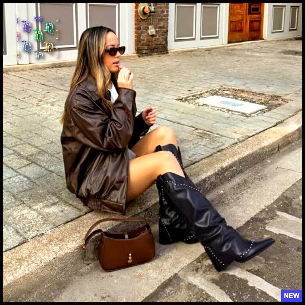 Studded Fold Over Knee High Boots Snip Toe Cowboy Slouch Dress - Picture 2 of 7